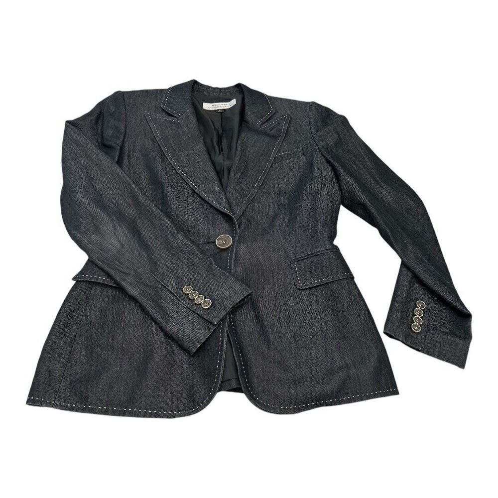 Tahari ASL Size 4‎ Women's Blazer Jacket Dark  Blue Denim Look Business Casual